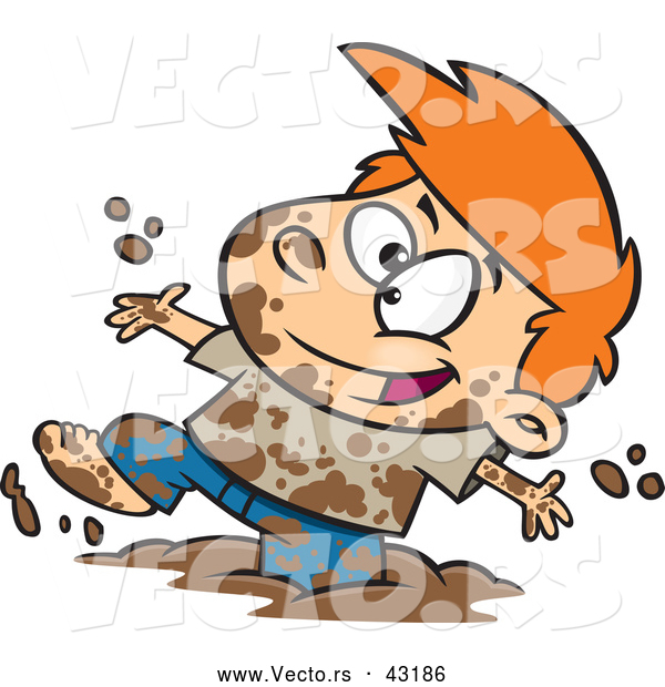 Vector of a Happy Cartoon Boy Playing in Mud