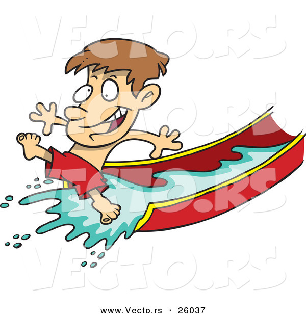 Vector of a Happy Cartoon Boy Playing on Water Slide