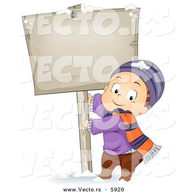 Vector of a Happy Cartoon Boy Pulling on a Sign Pole in Winter Snow Outdoors