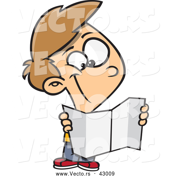 Vector of a Happy Cartoon Boy Reading a Blank Paper Map
