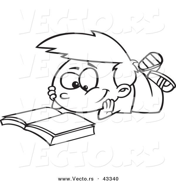 Vector of a Happy Cartoon Boy Reading a Catalog - Coloring Page Outline