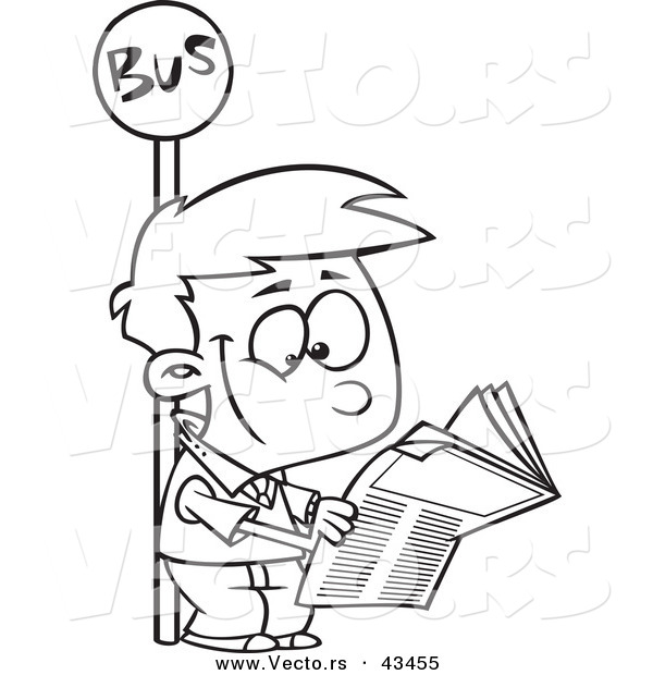 Vector of a Happy Cartoon Boy Reading a Newspaper at a Bus Stop - Coloring Page Outline
