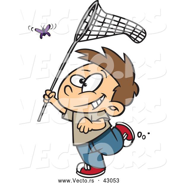 Vector of a Happy Cartoon Boy Running and Trying to Catch a Butterfly with His Insect Net