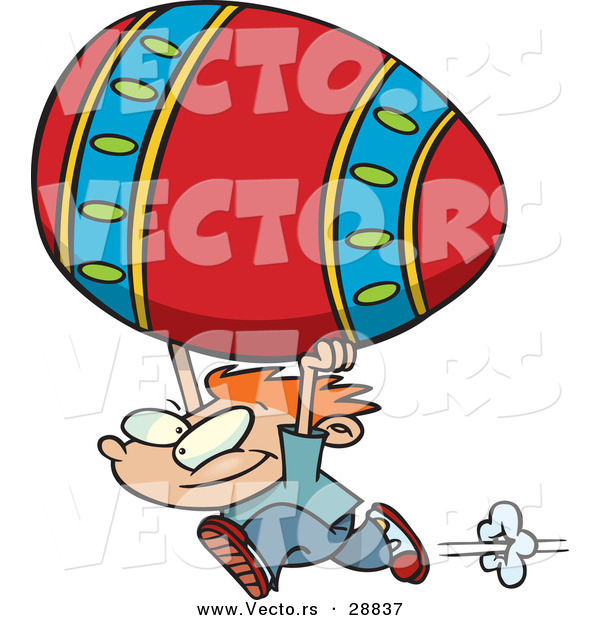 Vector of a Happy Cartoon Boy Running with a Giant Painted Easter Egg