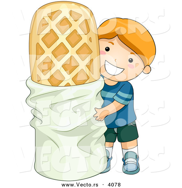 Vector of a Happy Cartoon Boy Standing Beside a Giant Waffle Cookie Dessert