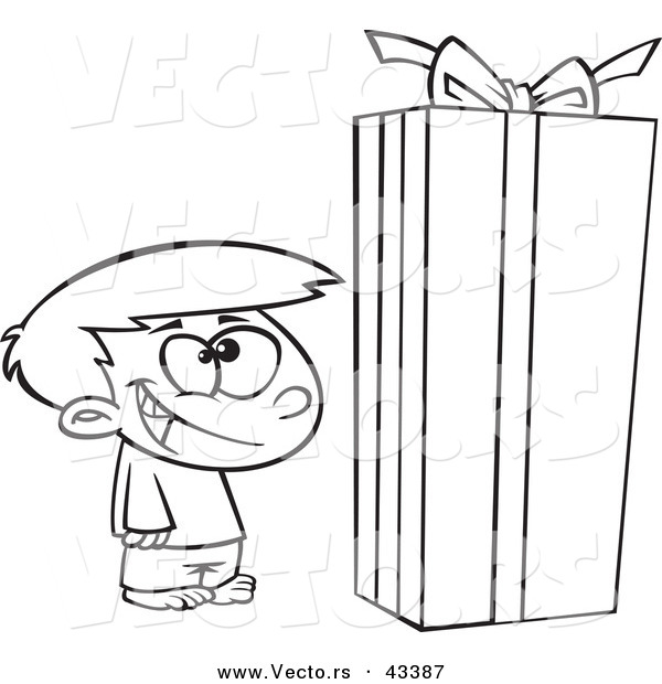 Vector of a Happy Cartoon Boy Standing by a Large Christmas Gift Box - Coloring Page Outline