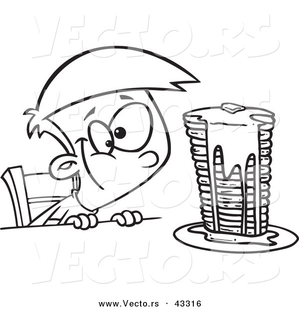 Vector of a Happy Cartoon Boy Staring at a Stack of Pancakes Dripping with Syrup - Coloring Page Outline