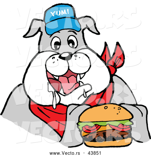 Vector of a Happy Cartoon Bulldog Mascot Eating a Tasty Cheeseburger
