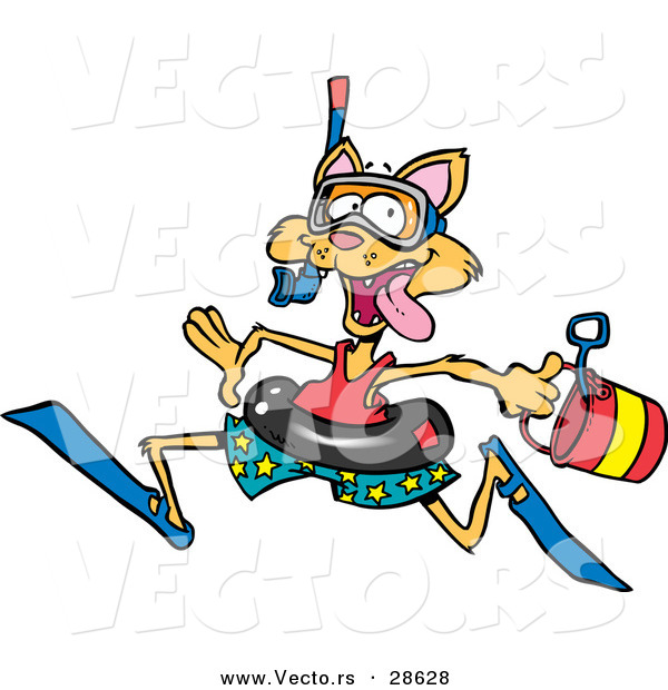Vector of a Happy Cartoon Cat Running to the Beach with a Bucket and Swimming Gear