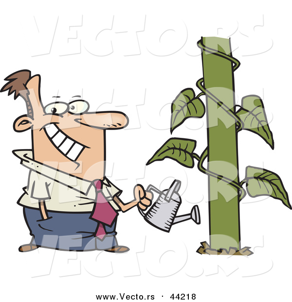 Vector of a Happy Cartoon Caucasian Businessman Watering a Monstrous Plant Showing Business Growth
