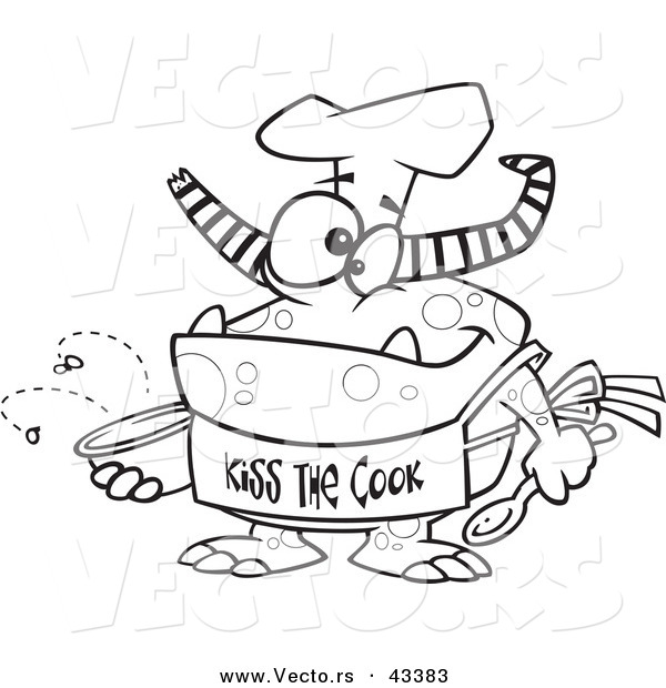 Vector of a Happy Cartoon Chef Monster Wearing a Kiss the Cook Apron - Coloring Page Outline
