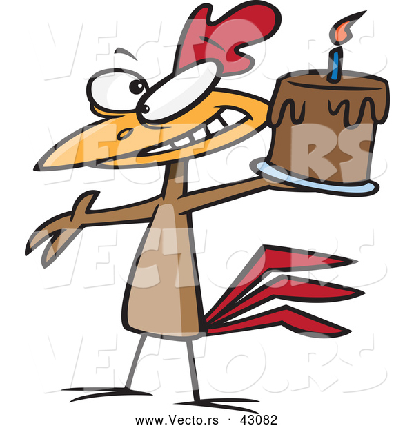 Vector of a Happy Cartoon Chicken Holding a Chocolate Birthday Cake Lit with 1 Candle