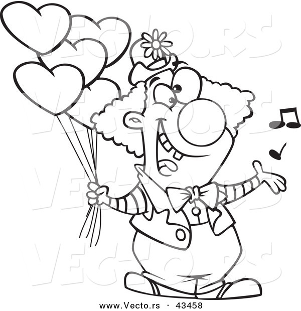 Vector of a Happy Cartoon Clown Singing and Holding Valentines Day Balloons - Coloring Page Outline