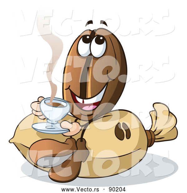 Vector of a Happy Cartoon Coffee Bean Mascot Sitting Sipping Java on Burlap Bag