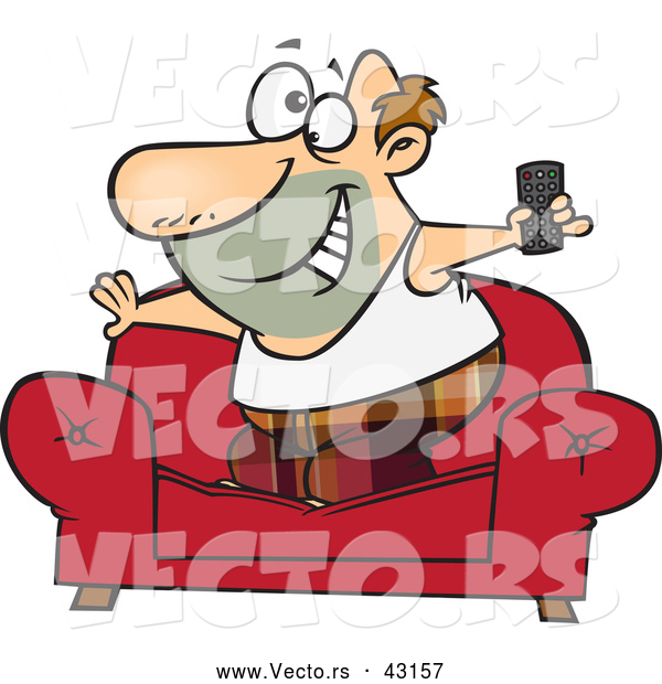 Vector of a Happy Cartoon Couch Surfer Man Standing on His Sofa with a TV Remote Control
