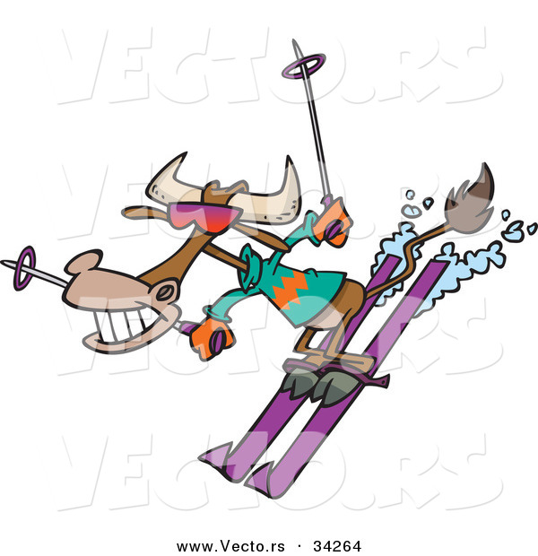 Vector of a Happy Cartoon Cow Snow Skiing Downhill