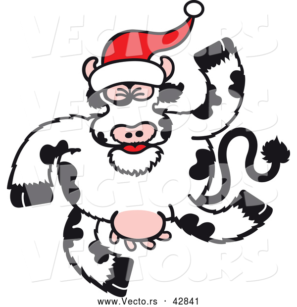 Vector of a Happy Cartoon Cow Wearing a Santa Hat While Dancing