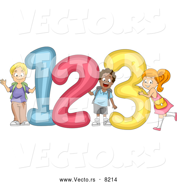 Vector of a Happy Cartoon Diverse School Children Standing Beside Giant "123" Numbers
