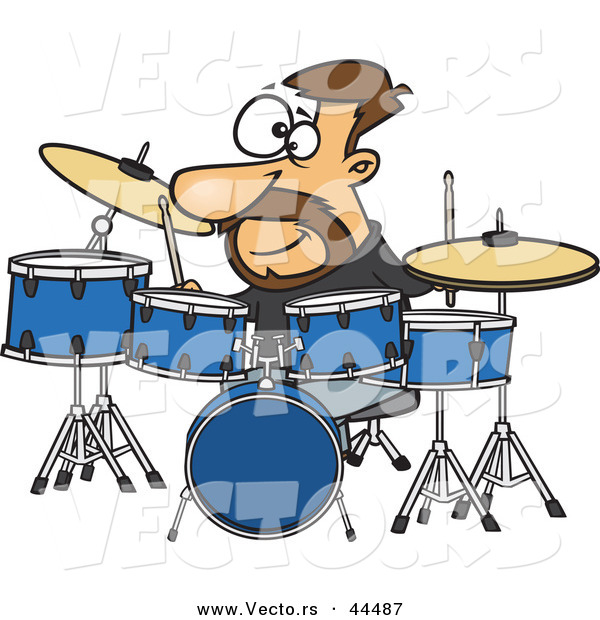 Vector of a Happy Cartoon Drummer Playing with His Instruments