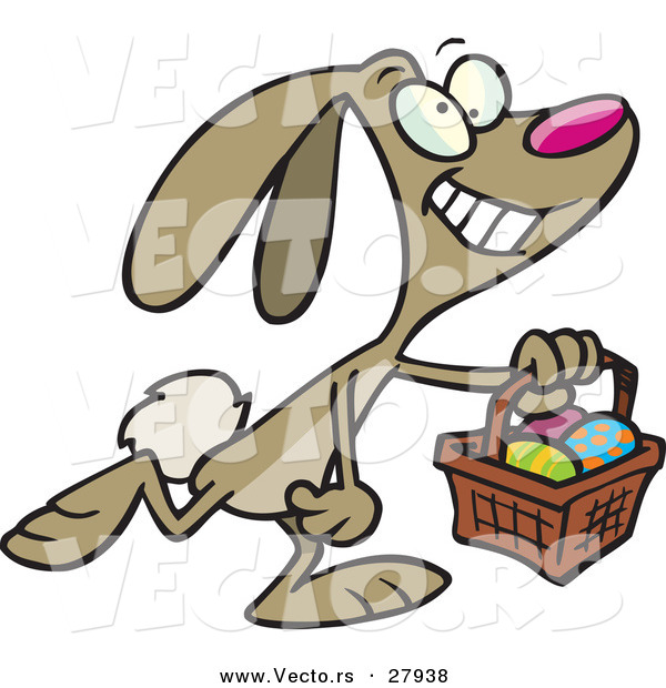 Vector of a Happy Cartoon Easter Bunny Walking with a Basket Full of Eggs