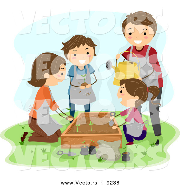 Vector of a Happy Cartoon Family Planting in a Raised Garden Ged
