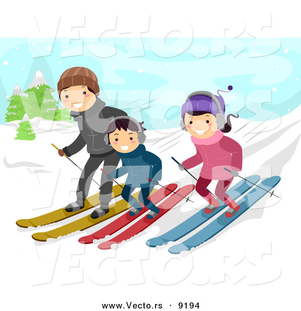 Vector of a Happy Cartoon Family Snow Skiing down a Slope