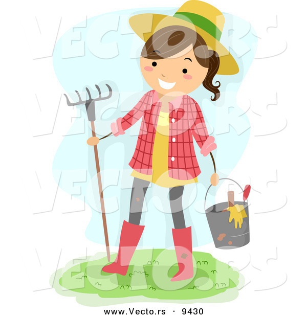 Vector of a Happy Cartoon Farmer Girl with Bucket of Garden Tools and a Rake