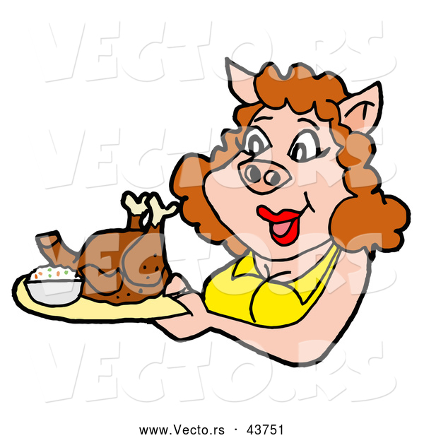 Vector of a Happy Cartoon Female Pig Serving Baked Turkey or Chicken on a Platter