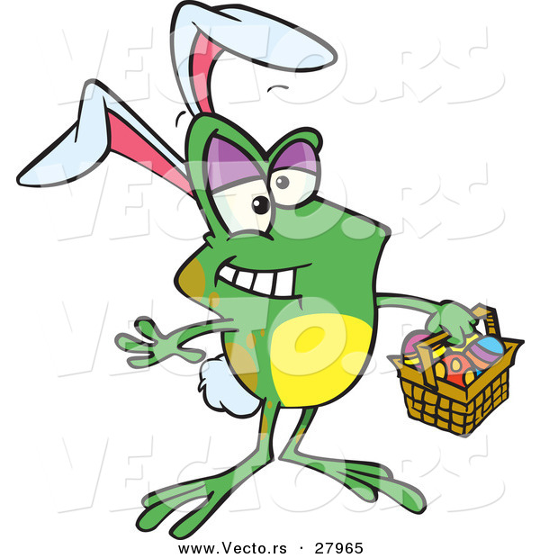 Vector of a Happy Cartoon Frog Wearing Bunny Ears While Holding an Easter Egg Basket