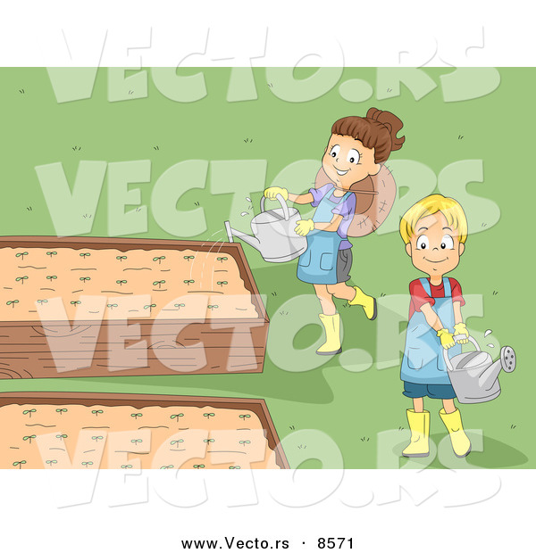 Vector of a Happy Cartoon Girl and Boy Watering Plants in Raised Garden Beds