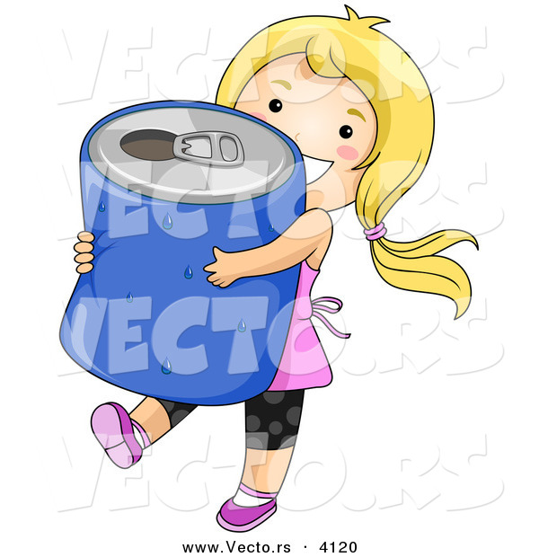 Vector of a Happy Cartoon Girl Carrying Giant Blue Soda Can - Coloring Page Outline