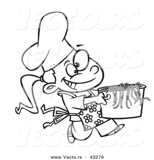 Vector of a Happy Cartoon Girl Chef Carrying a Pot of Pasta - Coloring Page Outline