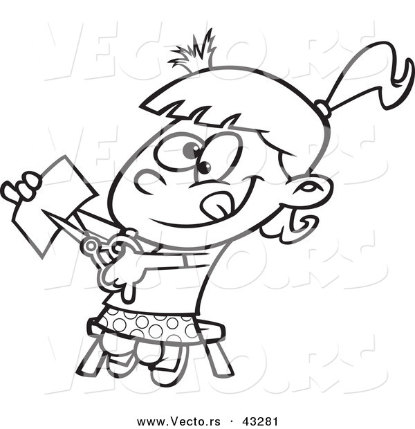 Vector of a Happy Cartoon Girl Cutting Paper with Scissors - Coloring Page Outline