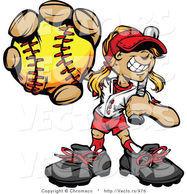 Vector of a Happy Cartoon Girl Holding a Softball and Bat While Smiling