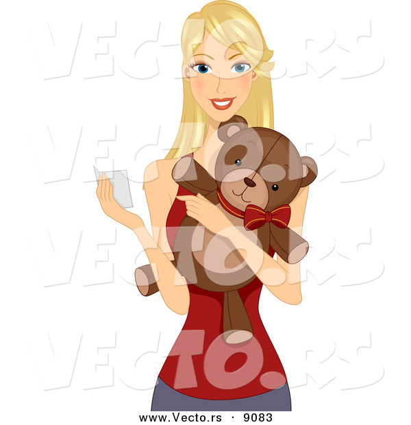 Vector of a Happy Cartoon Girl Holding a Valentine's Card and Teddy Bear