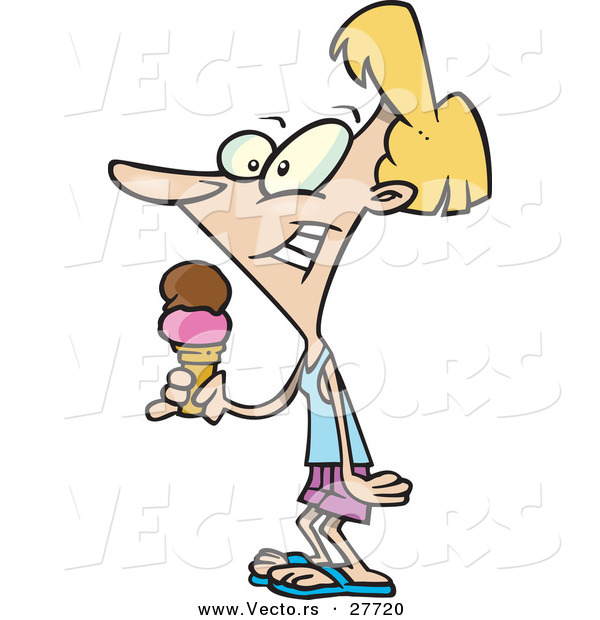 Vector of a Happy Cartoon Girl Holding Ice Cream Cone with Two Scoops