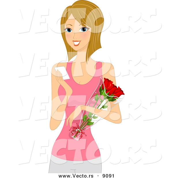 Vector of a Happy Cartoon Girl Holding Red Roses While Reading a Note