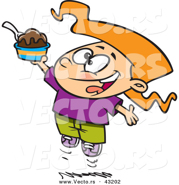 Vector of a Happy Cartoon Girl Jumping with an Ice Cream Sundae