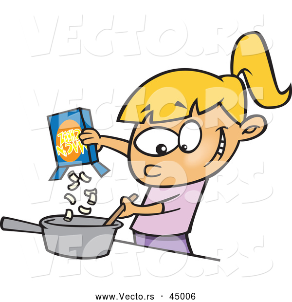 Vector of a Happy Cartoon Girl Making Macaroni and Cheese Meal