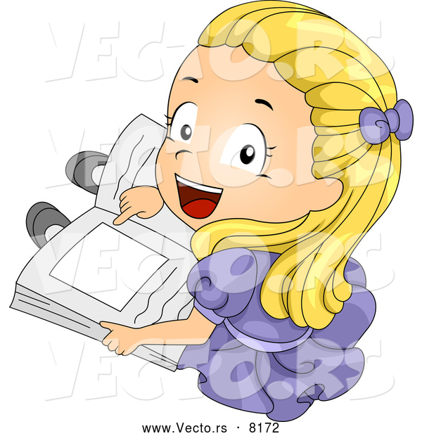 Vector of a Happy Cartoon Girl Pointing to a Picture in Her Book