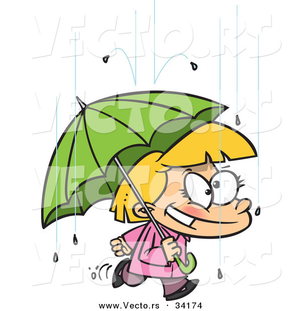 Vector of a Happy Cartoon Girl Quickly Walking Under an Umbrella in the Rain