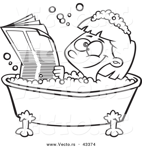 Vector of a Happy Cartoon Girl Reading the Newspaper in a Bath Tub - Coloring Page Outline