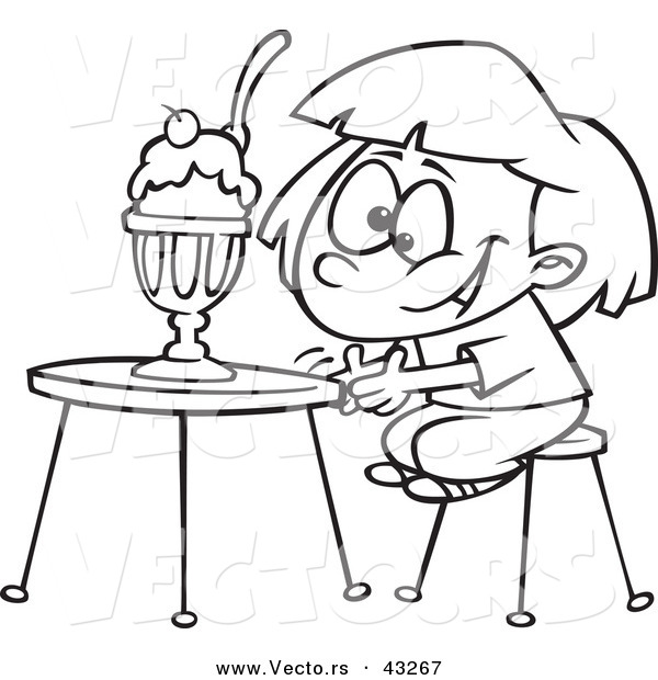 Vector of a Happy Cartoon Girl Sitting with a Ice Cream Sundae at a Table - Coloring Page Outline