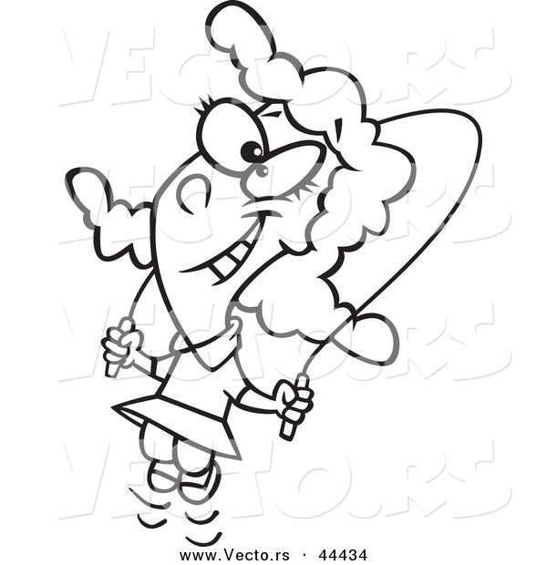 Vector of a Happy Cartoon Girl Skipping Rope - Coloring Page Outline