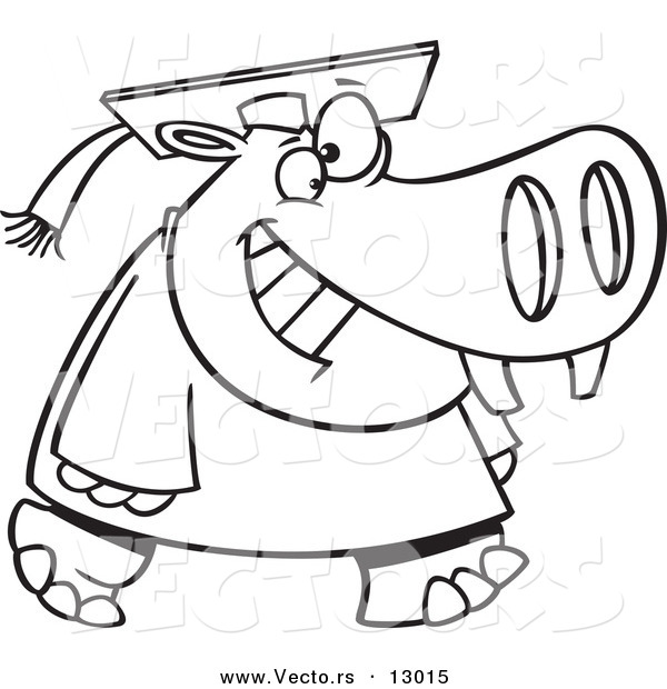 Vector of a Happy Cartoon Graduate Hippo Walking Forward - Coloring Page Outline Version