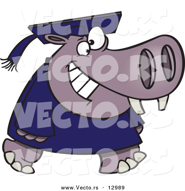 Vector of a Happy Cartoon Graduate Hippo Walking Forward with Big Smile on His Face