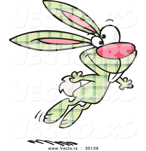 Vector of a Happy Cartoon Green Plaid Bunny Rabbit Jumping Forward