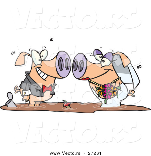 Vector of a Happy Cartoon Groom and Bride Pigs Facing Each Other While Standing in a Pool of Dirty Mud Water