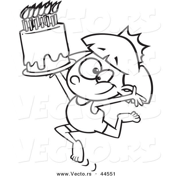 Vector of a Happy Cartoon Gymnastics Princess Girl with a Tiara and Birthday Cake - Coloring Page Outline