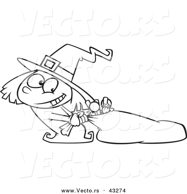 Vector of a Happy Cartoon Halloween Witch Girl Trying to Carry a Huge Sack of Candy - Coloring Page Outline